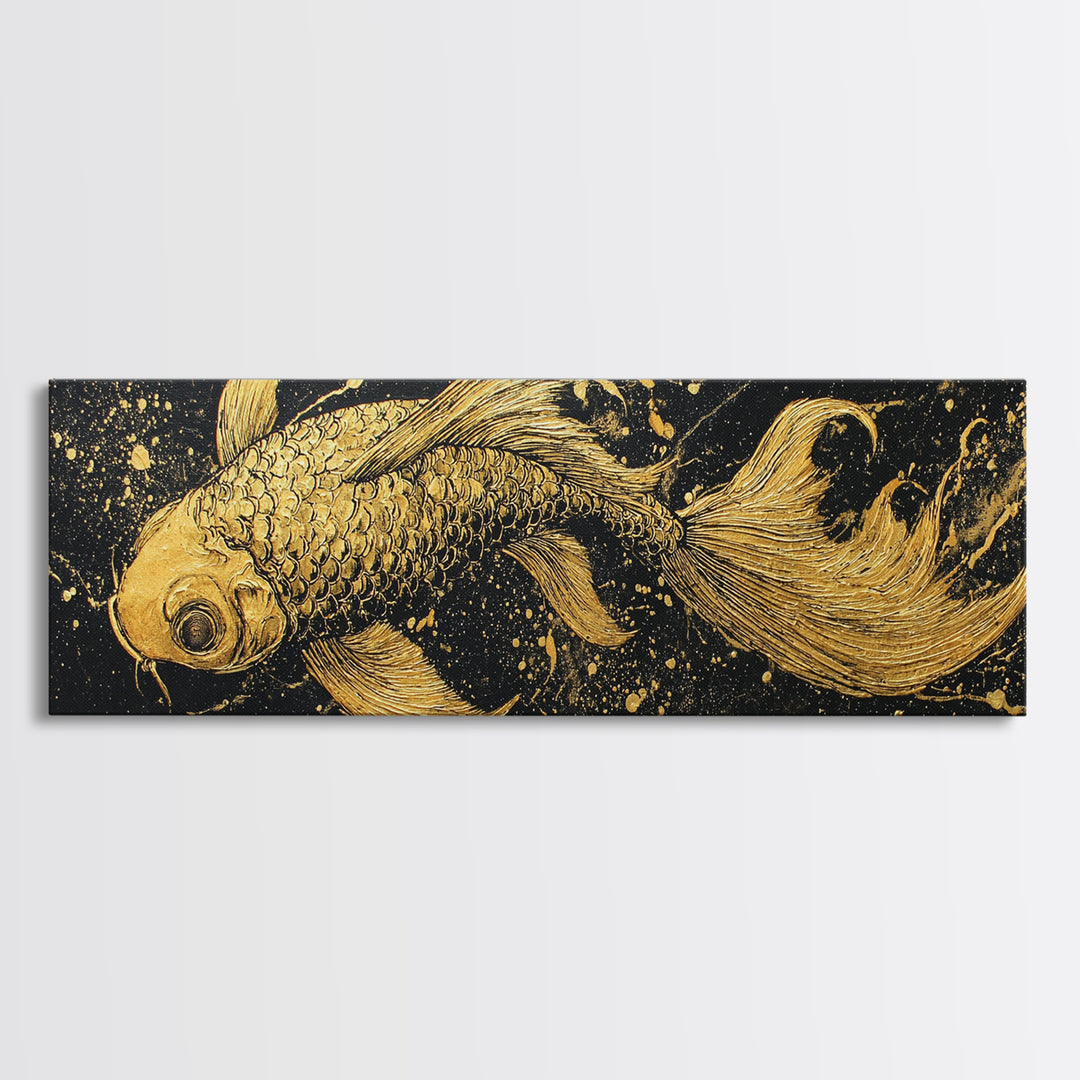 Koi Fish Canvas Gold Art Japanese Nordic Fusion Wall Art Canvas Art with real wood frame, great Viking Dad Gift or Office