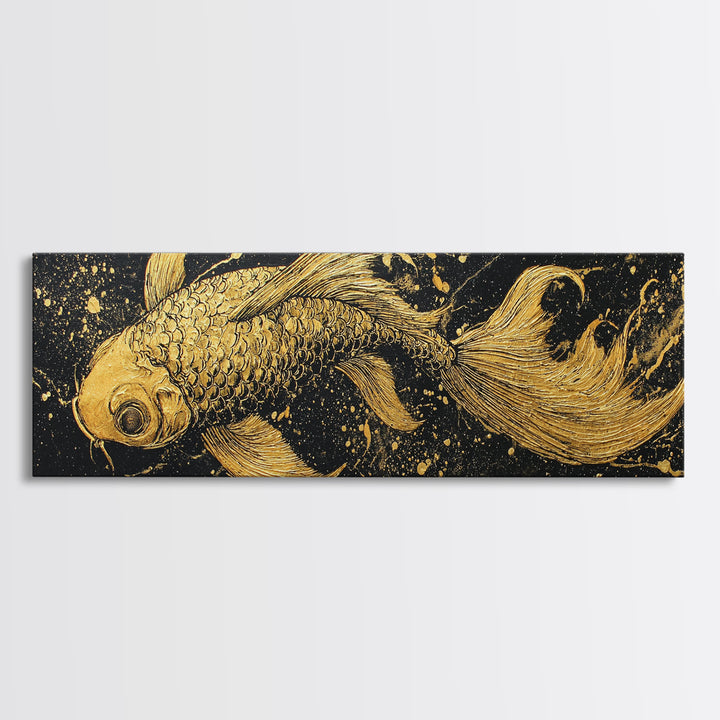 Koi Fish Canvas Gold Art Japanese Nordic Fusion Wall Art Canvas Art with real wood frame, great Viking Dad Gift or Office