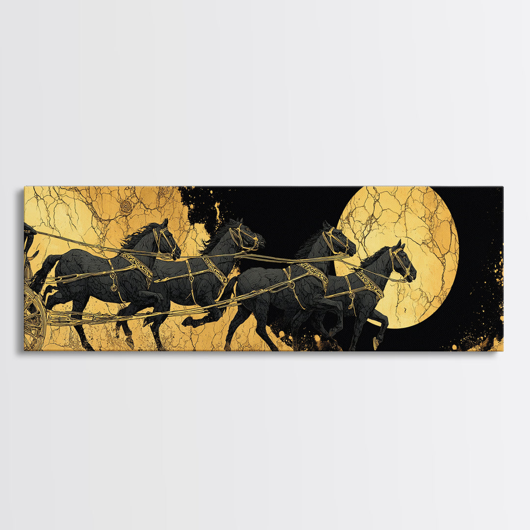 Sol’s Chariot Horses Canvas Gold Art Norse Mythology Canvas Art Wall Decor with wood frame, Viking Office or Man Cave