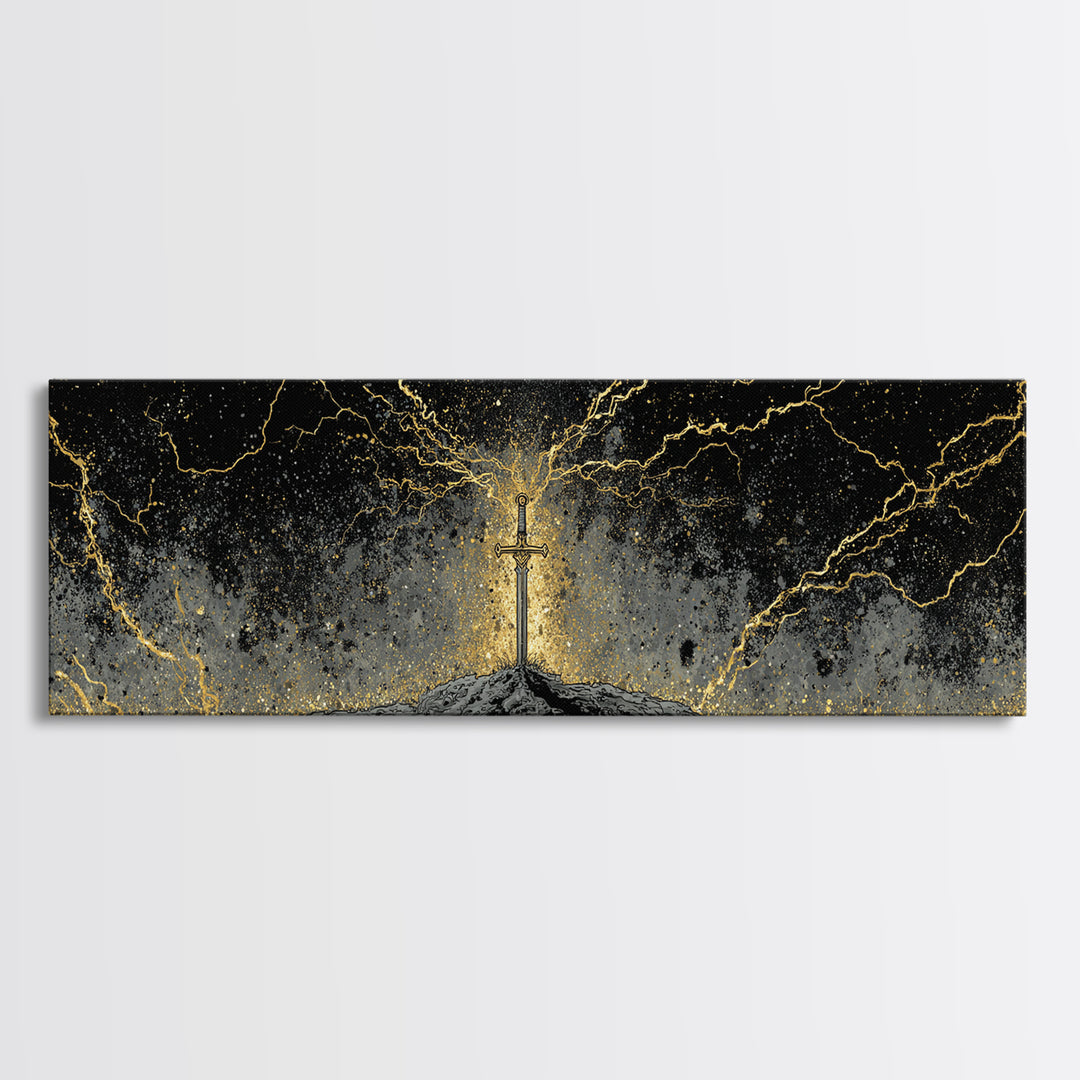 Legendary Sword Canvas Gold Art Norse Mythology Canvas Art Wall Decor for Men, Office or Man Cave framed in real wood