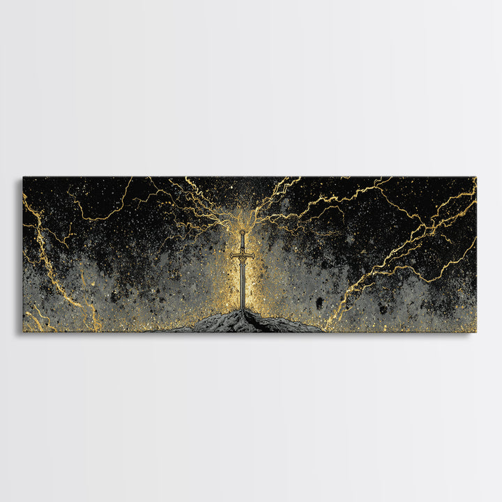 Legendary Sword Canvas Gold Art Norse Mythology Canvas Art Wall Decor for Men, Office or Man Cave framed in real wood