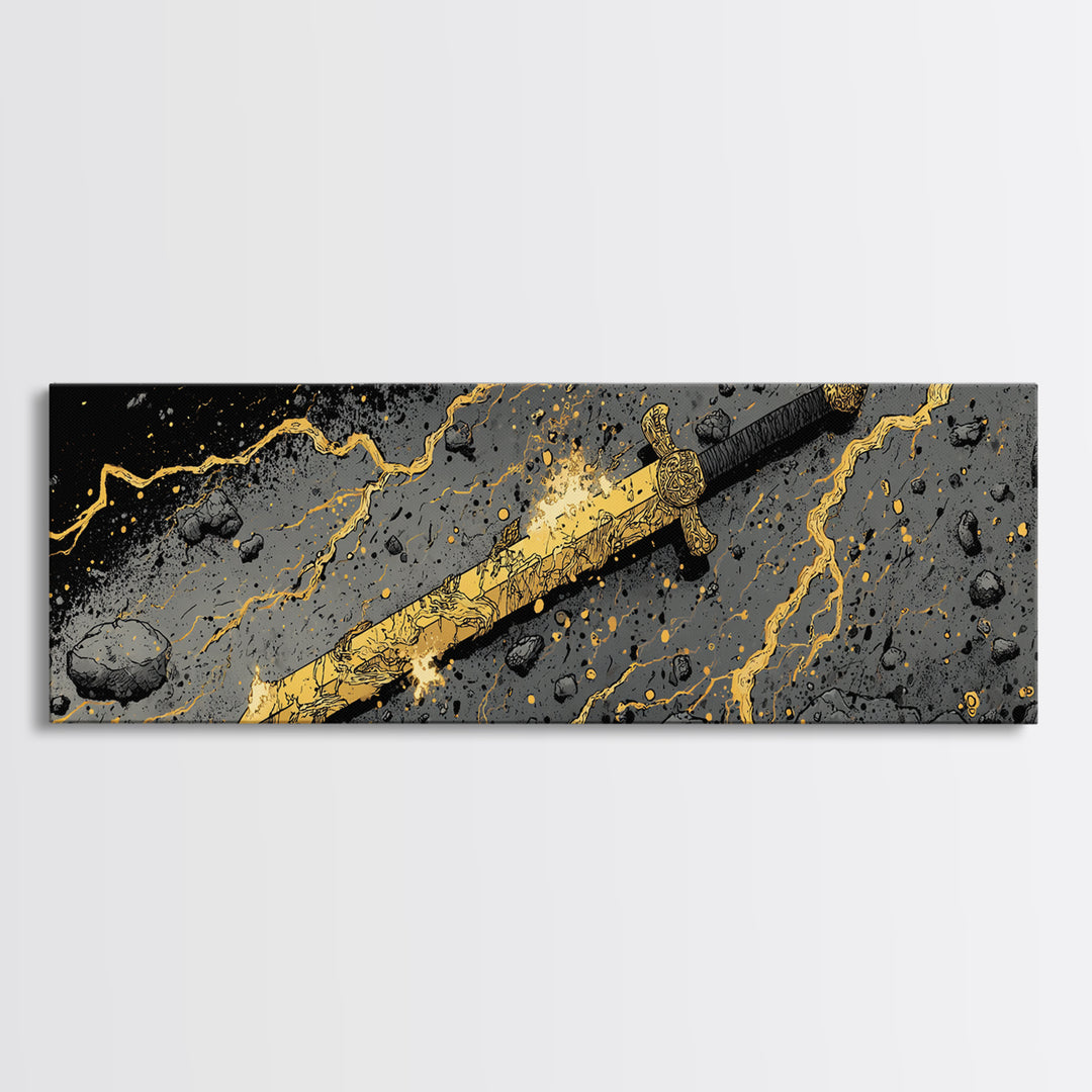 Ancient Norse Blade Canvas Gold Art Canvas Art Viking Decor with natural wood framing, Office Wall Art or Man Cave Gift
