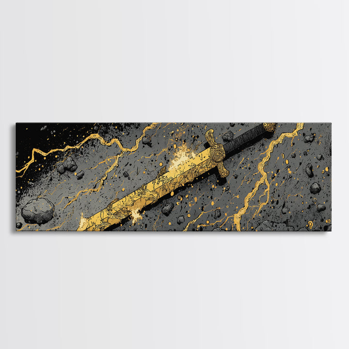 Ancient Norse Blade Canvas Gold Art Canvas Art Viking Decor with natural wood framing, Office Wall Art or Man Cave Gift