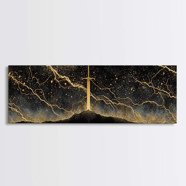 Mythic Sword of the Gods Canvas Gold Art Nordic Wall Decor Canvas Art framed in real wood, perfect Man Cave or Dad Gift