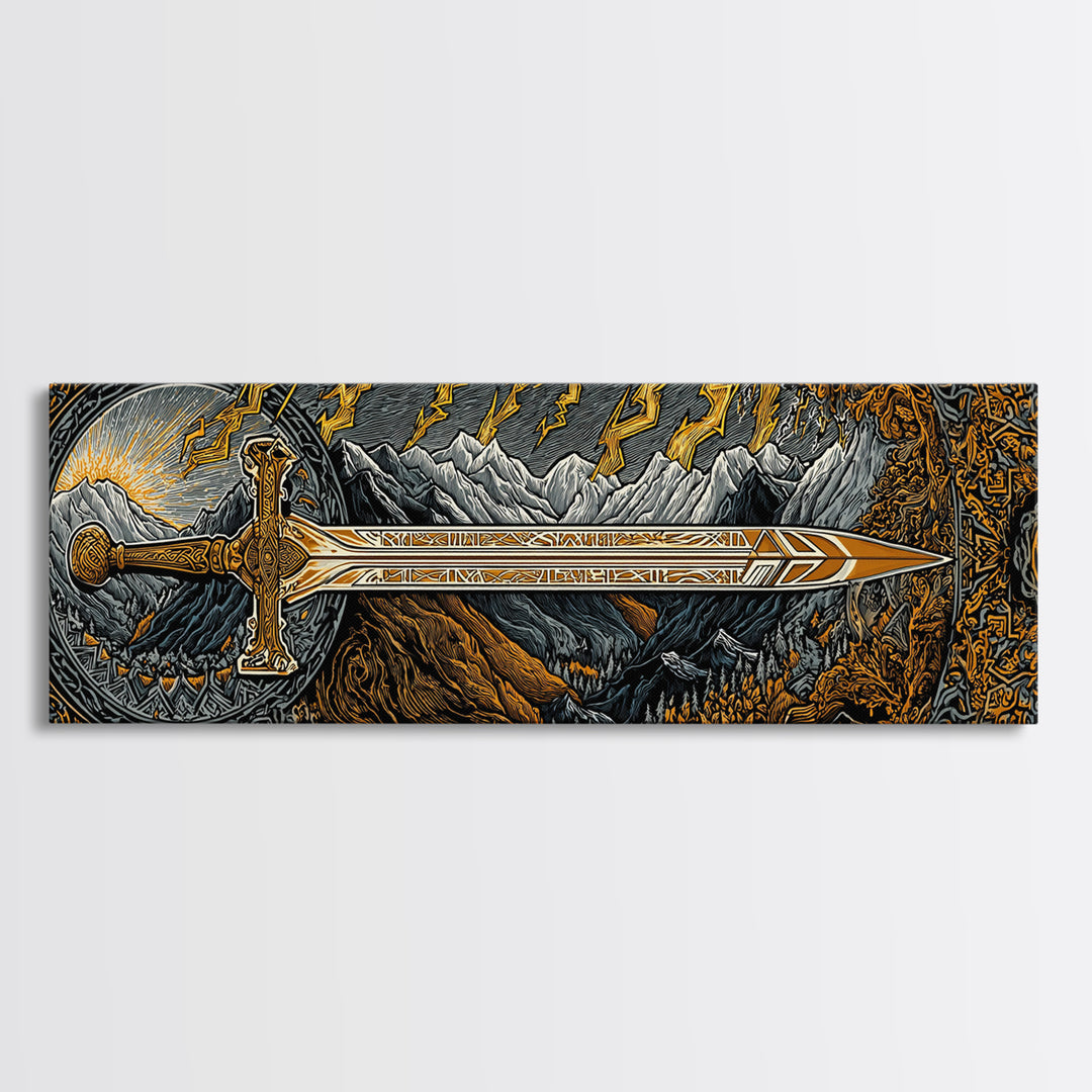 Norse Ornate Sword Canvas Gold Art Canvas Art Viking Mythology Wall Decor with real wood frame, Office Art for Men