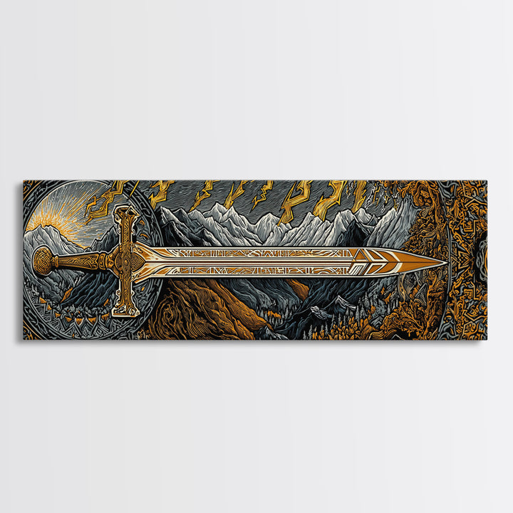 Norse Ornate Sword Canvas Gold Art Canvas Art Viking Mythology Wall Decor with real wood frame, Office Art for Men