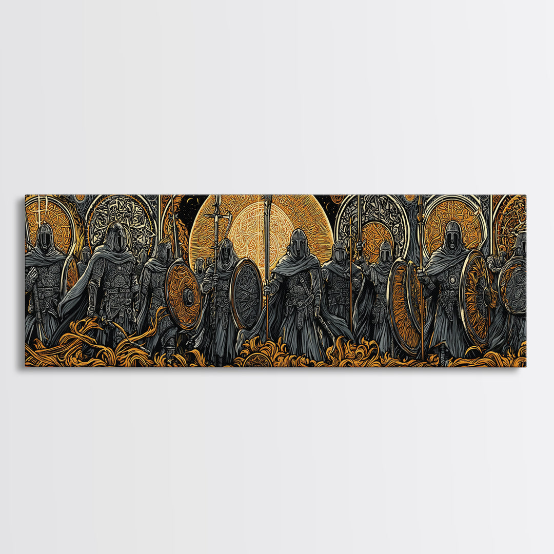 Einherjar Warriors Canvas Gold Art Norse Mythology Canvas Art with wood framing, Viking Man Cave Wall Art for Dad Gift