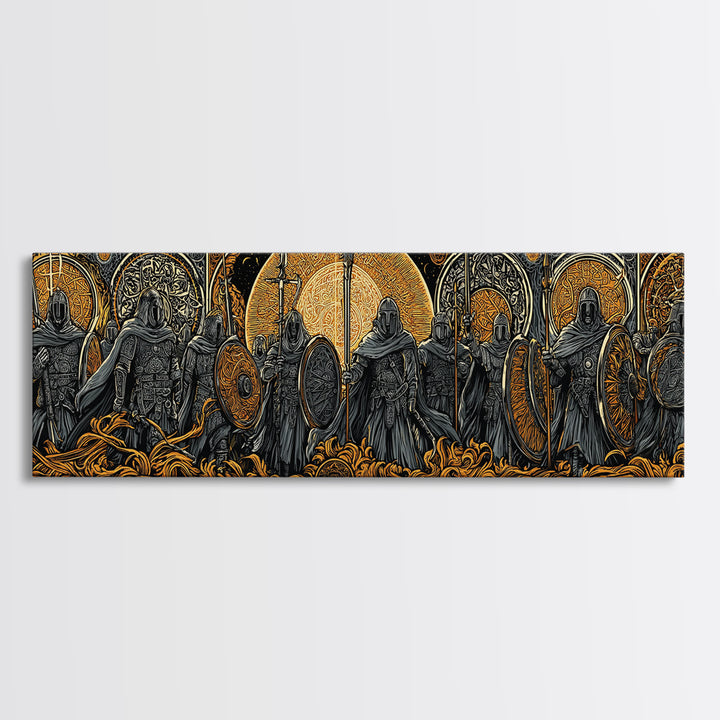 Einherjar Warriors Canvas Gold Art Norse Mythology Canvas Art with wood framing, Viking Man Cave Wall Art for Dad Gift