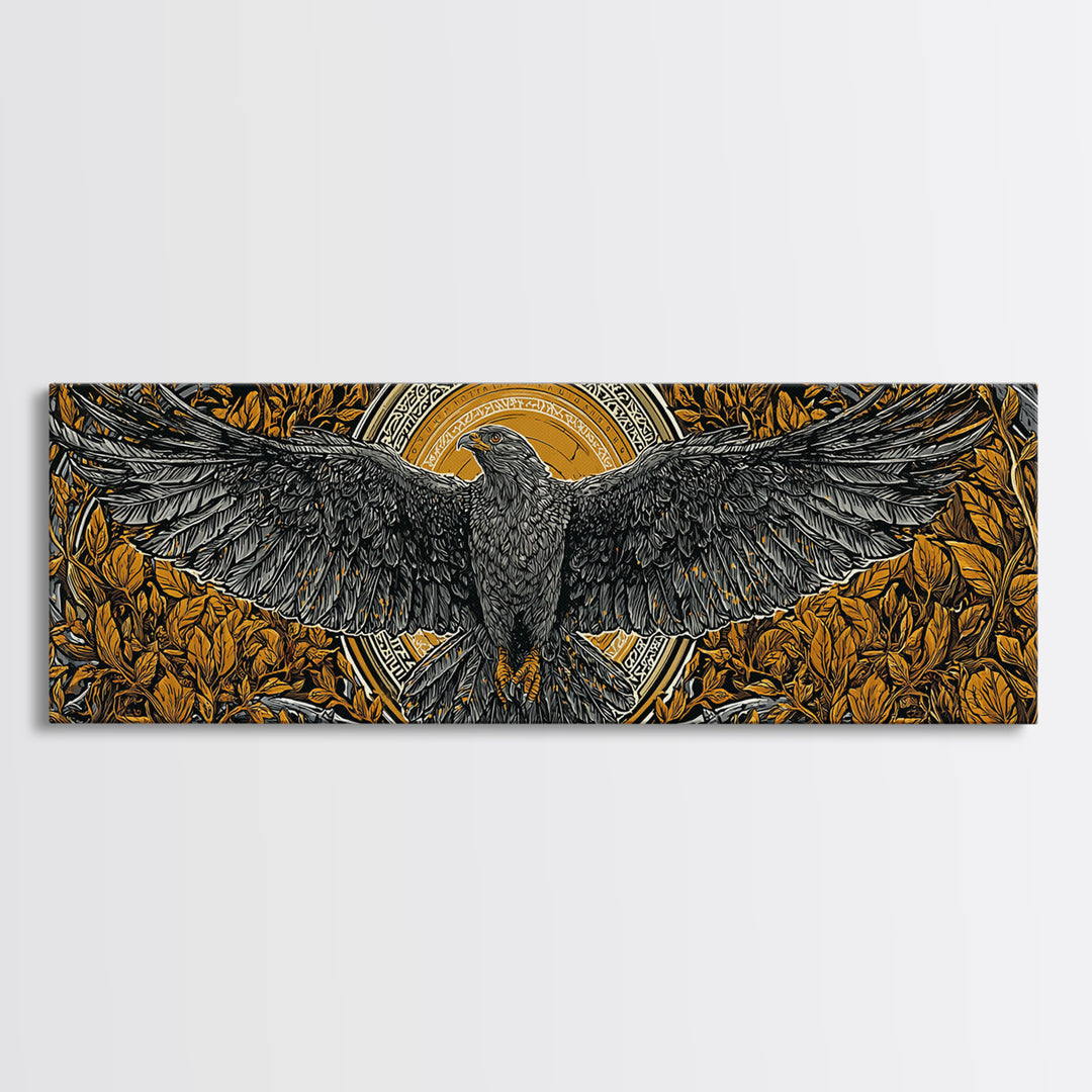 Odin’s Eagle Canvas Gold Art, Norse Mythology Canvas Art framed in real wood, Nordic Office Wall Decor, Viking Man Cave Gift