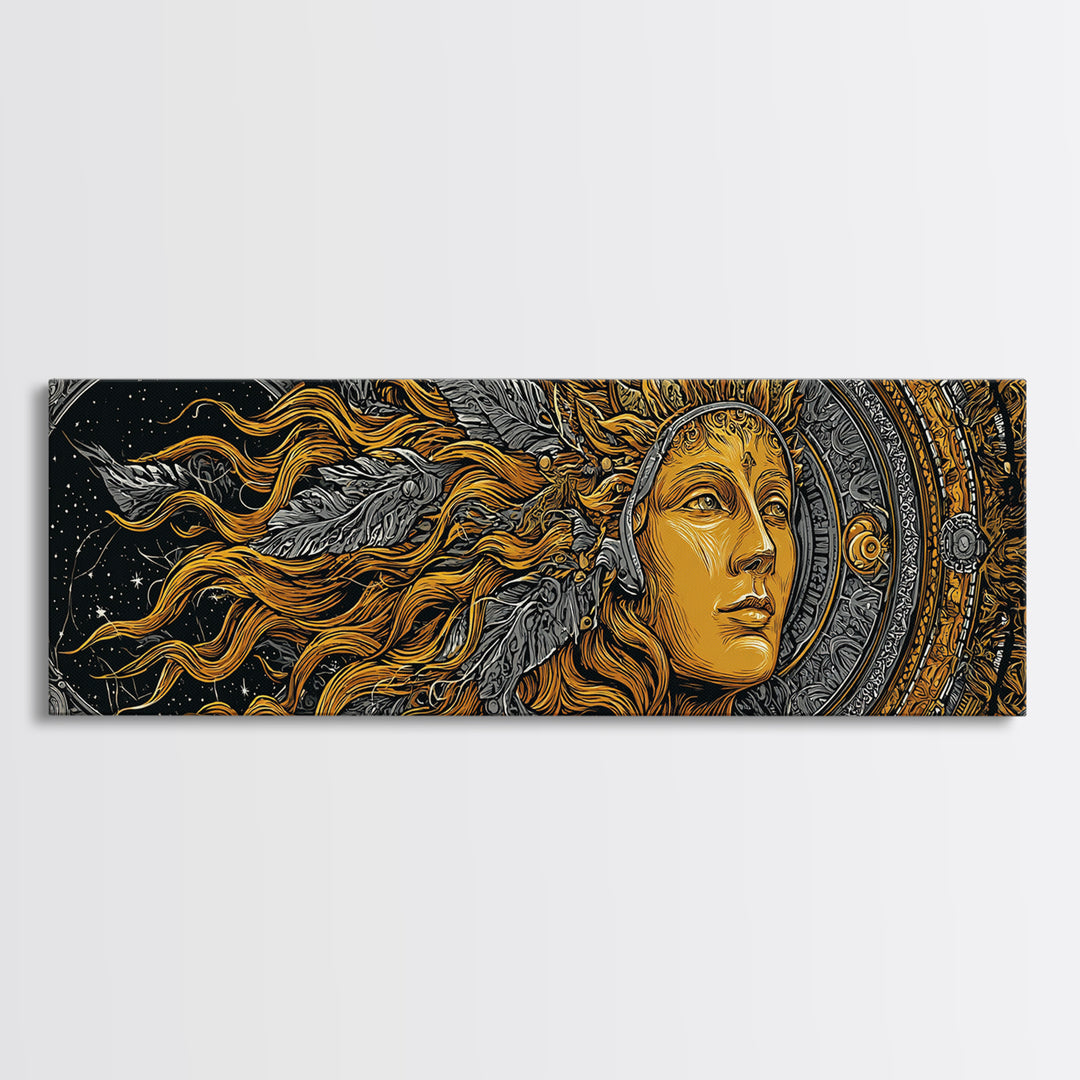 Canvas Art Canvas Gold Sun Goddess Norse Mythology Wall Decor, Nordic Office or Man Cave Art framed in natural wood