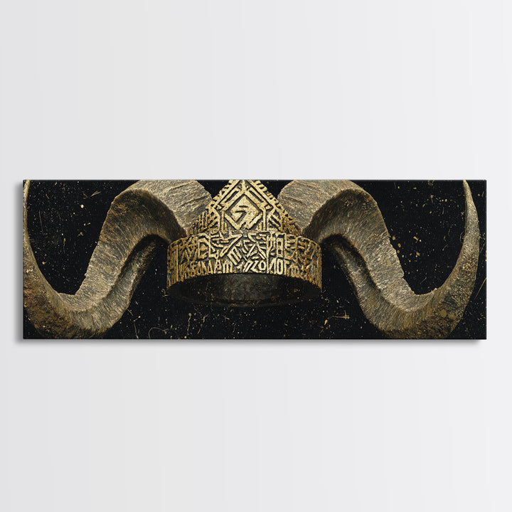 Nordic Horned Crown Canvas Gold Art, Viking Inspired Canvas Art Wall Hanging, Office Decor or Dad Gift in real wood frame