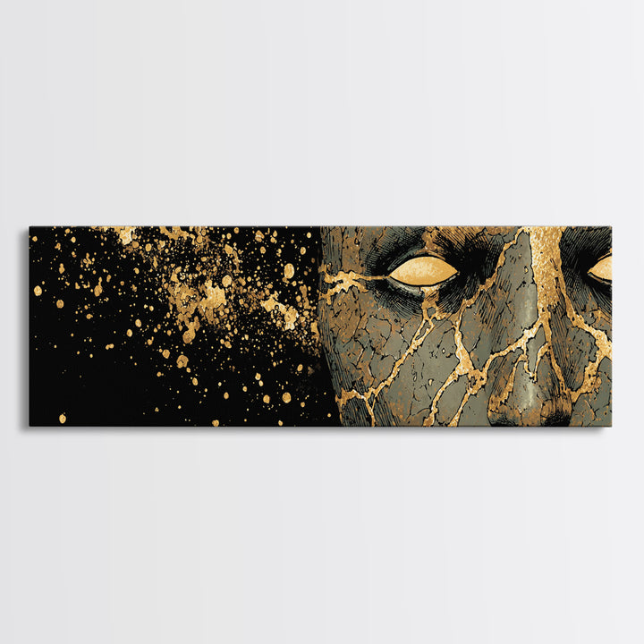 Canvas Art Canvas Gold Broken Face Nordic Mask, Norse Mythology Office or Man Cave Art, Viking Decor with natural wood frame