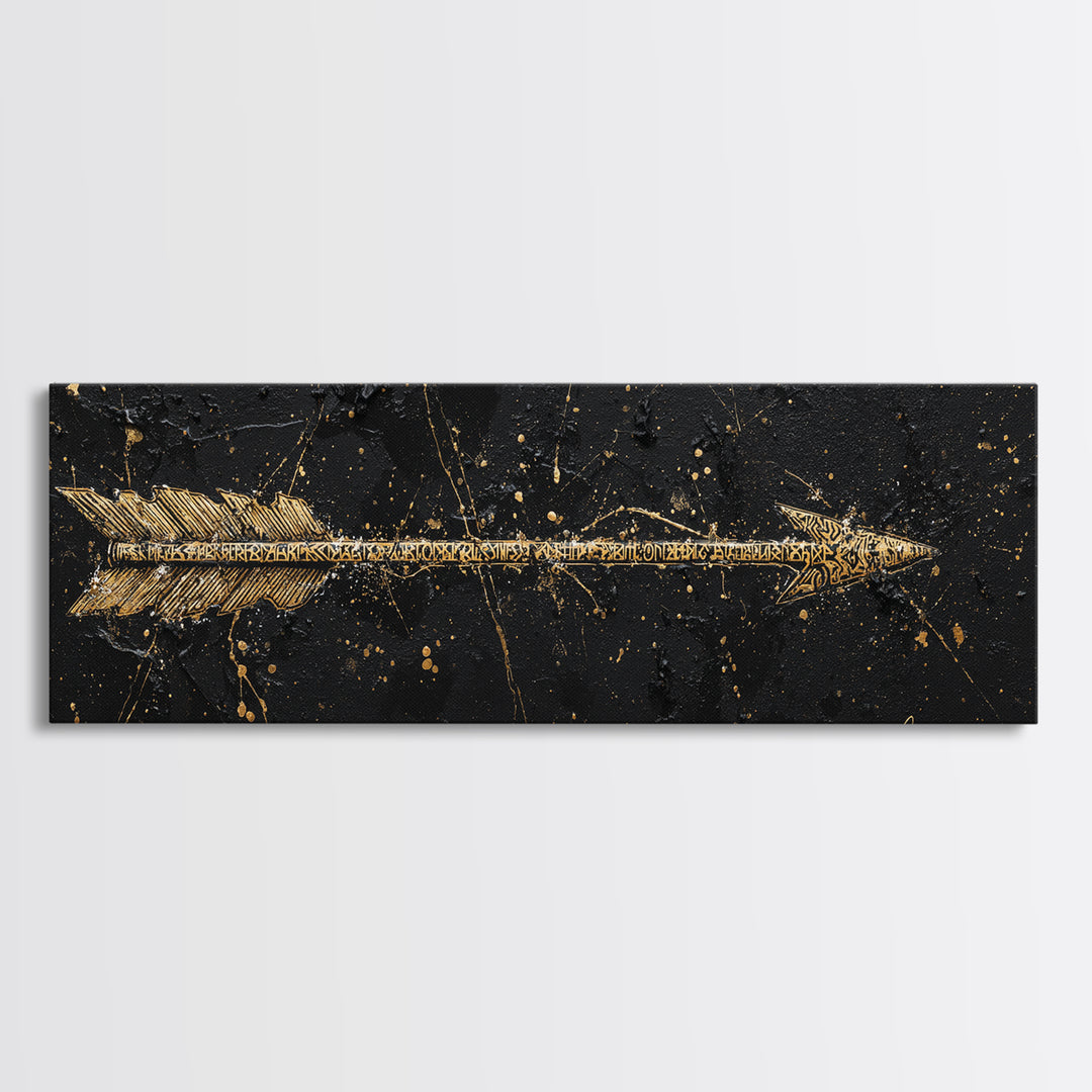Viking Arrow Canvas Gold Art, Rune Engraved Canvas Art Wall Hanging, Norse Mythology Man Cave Decor with real wood frame