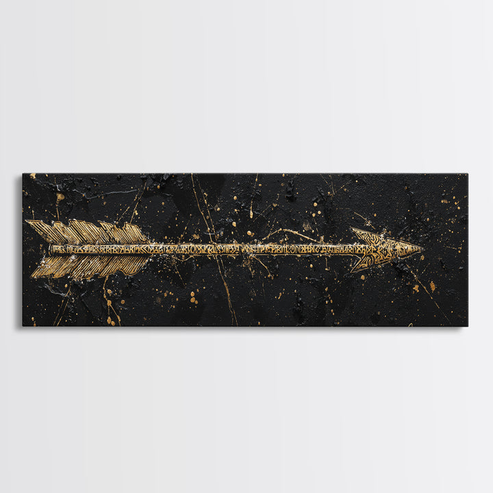 Viking Arrow Canvas Gold Art, Rune Engraved Canvas Art Wall Hanging, Norse Mythology Man Cave Decor with real wood frame