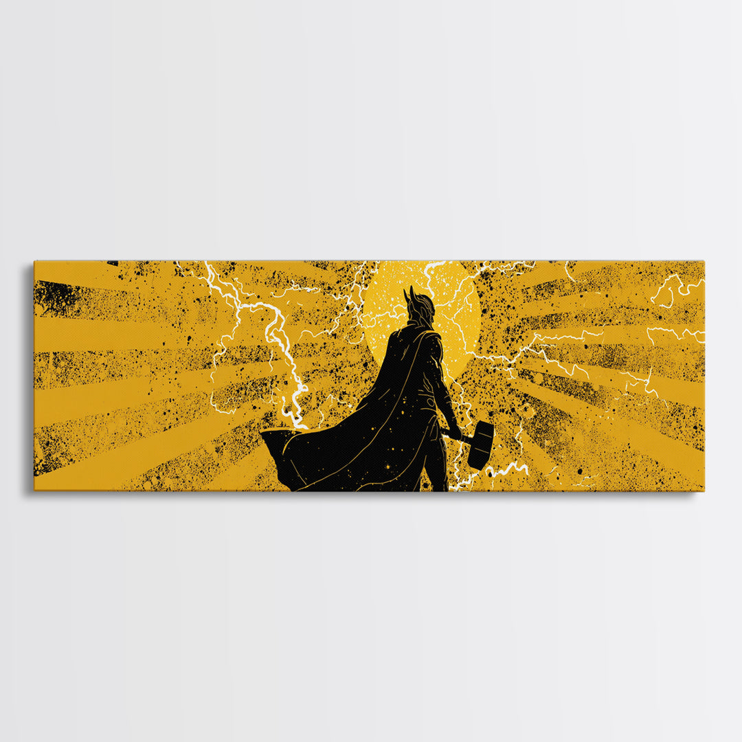 Thor Lightning Hammer Canvas Gold Art, Viking Canvas Art Wall Decor, Norse Mythology Office or Dad Gift in wood frame