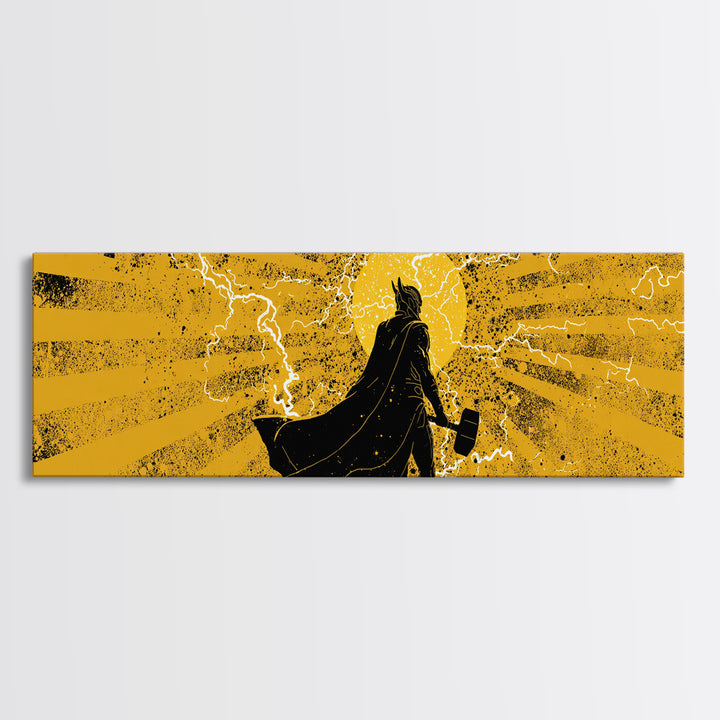 Thor Lightning Hammer Canvas Gold Art, Viking Canvas Art Wall Decor, Norse Mythology Office or Dad Gift in wood frame