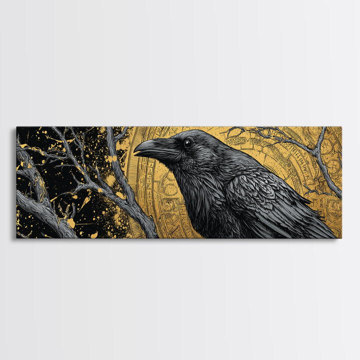 Canvas Art of Odin’s Raven Huginn Canvas Gold Art, Norse Mythology Decor with natural wood frame, Nordic Office or Dad Gift