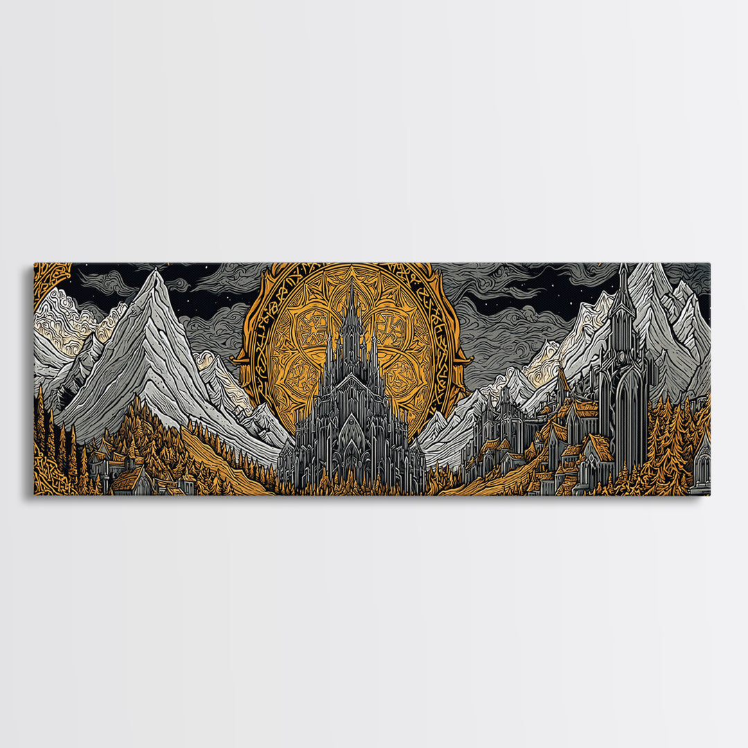 Asgard City Canvas Gold Art, Norse Mythology Canvas Art Wall Hanging, Nordic Office or Man Cave Decor framed in natural wood