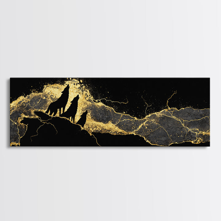Howling Wolves Norse Canvas Gold Art Canvas Art, Nordic Mythology Office Art for Dad Gift or Man Cave, natural wood framed