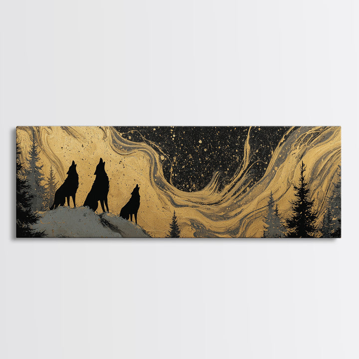 Nordic Wolves Under Stars Canvas Gold Art Canvas Art, Viking Mythology Night Sky Office Decor, framed in solid wood