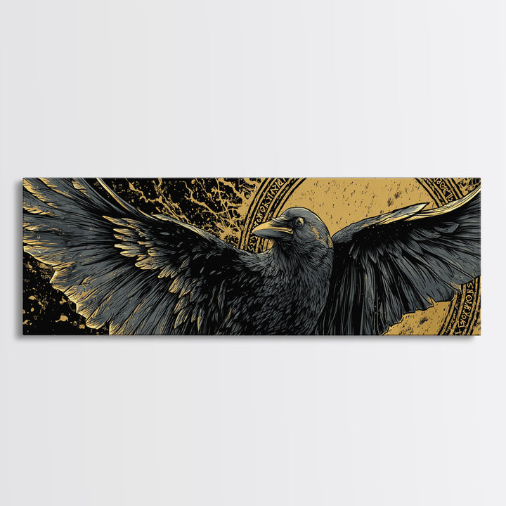 Odin’s Raven Huginn Muninn Canvas Gold Art Canvas Art, Norse Mythology Office Art for Men, framed in authentic wood