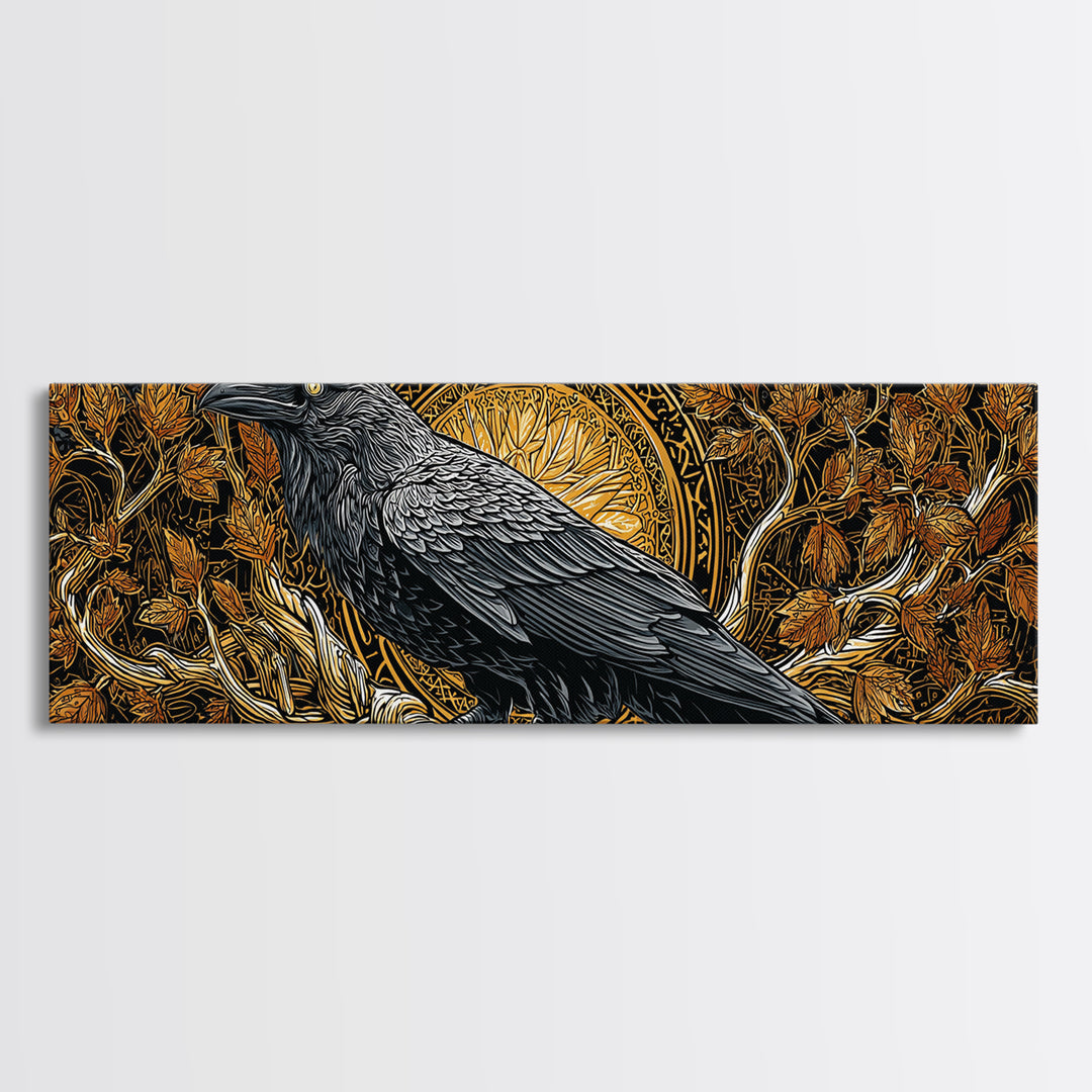 Canvas Gold Art Norse Raven Muninn Canvas Art, Viking Wall Decor framed in real wood, Nordic Mythology Office Art, Gift for Men