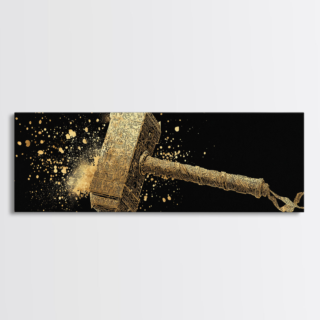 Thor’s Hammer Mjolnir Canvas Gold Art, Norse Mythology Canvas Art with real wood frame, Viking Office Wall Decor, Unique Dad Gift