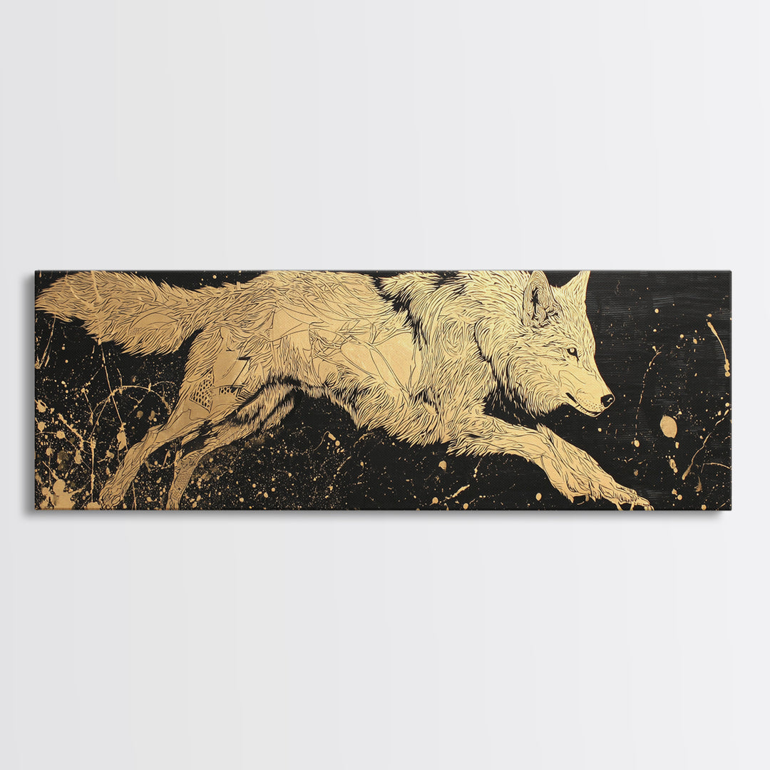 Fenrir Wolf Canvas Gold Art, Norse Mythology Canvas Art framed in natural wood, Viking Man Cave Decor, Nordic Wall Art Dad Gift