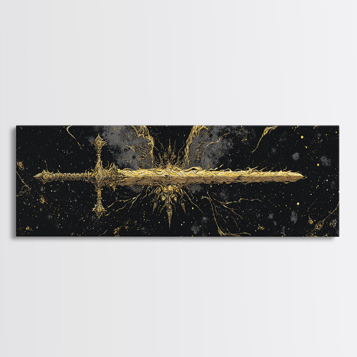 Golden Sword Canvas Gold Art, Norse Mythology Canvas Art framed in real wood, Viking Office Wall Decor, Nordic Man Cave Gift