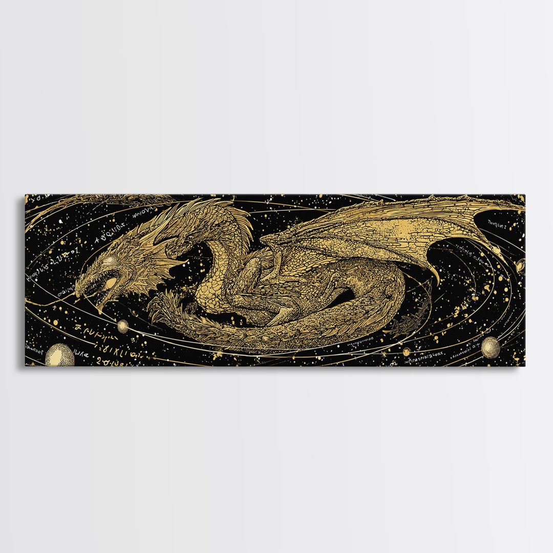 Jormungandr Dragon Canvas Gold Art, Norse Mythology Canvas Art with natural wood frame, Viking Decor for Office, Dad Gift Man Cave