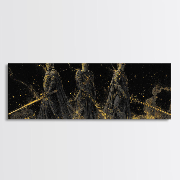 Einherjar Warriors Viking Canvas Gold Art Canvas Art, Norse Mythology Office Art Dad Gift, framed in natural wood