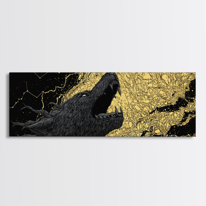 Fenrir Bound Norse Wolf Canvas Gold Art Canvas Art, Nordic Mythology Office Decor for Men, framed in natural wood
