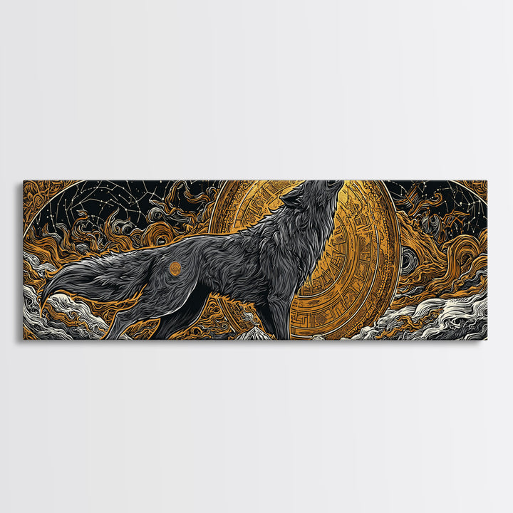 Fenrir Wolf of Ragnarok Canvas Gold Art Canvas Art, Norse Mythology Office Decor Man Cave Wall Art, with real wood frame