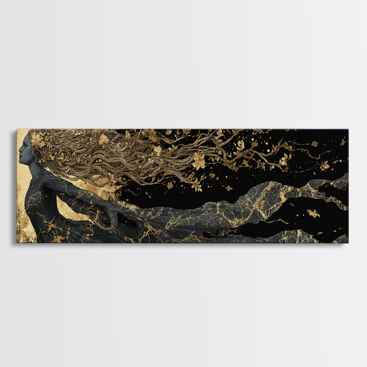Norse Goddess Freyja Canvas Gold Art Canvas Art, Viking Mythology Office Art Man Cave Decor, in handcrafted wood frame