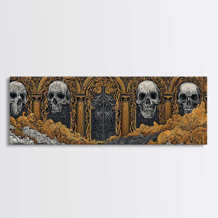 Helheim Canvas Gold Art, Norse Mythology Canvas Art with Nordic Skulls, Office Wall Decor for Men, Framed in Real Wood