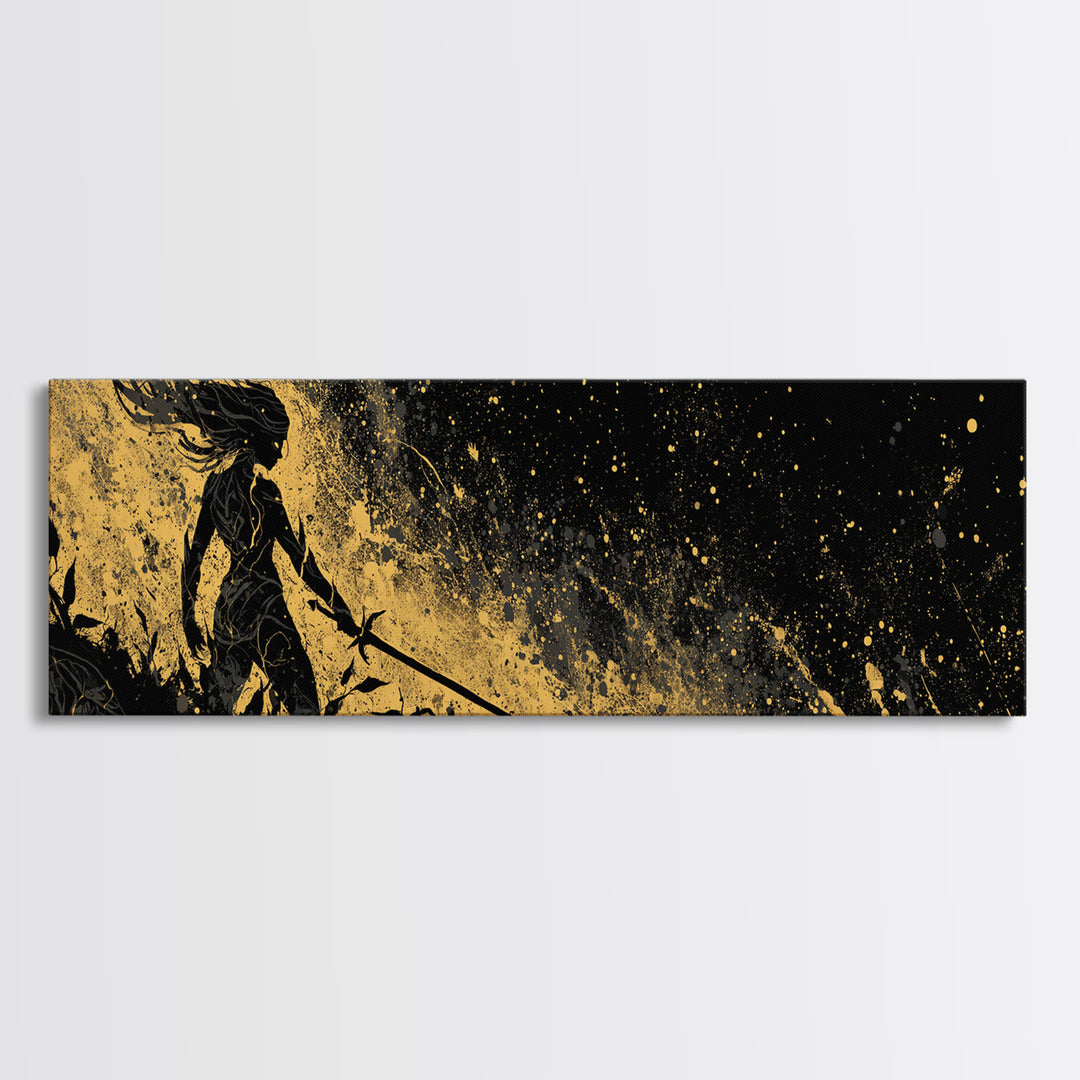 Norse Shieldmaiden Hervor Canvas Art, Canvas Gold Art for Man Cave or Office, Viking Mythology Wall Decor, Real Wood Frame