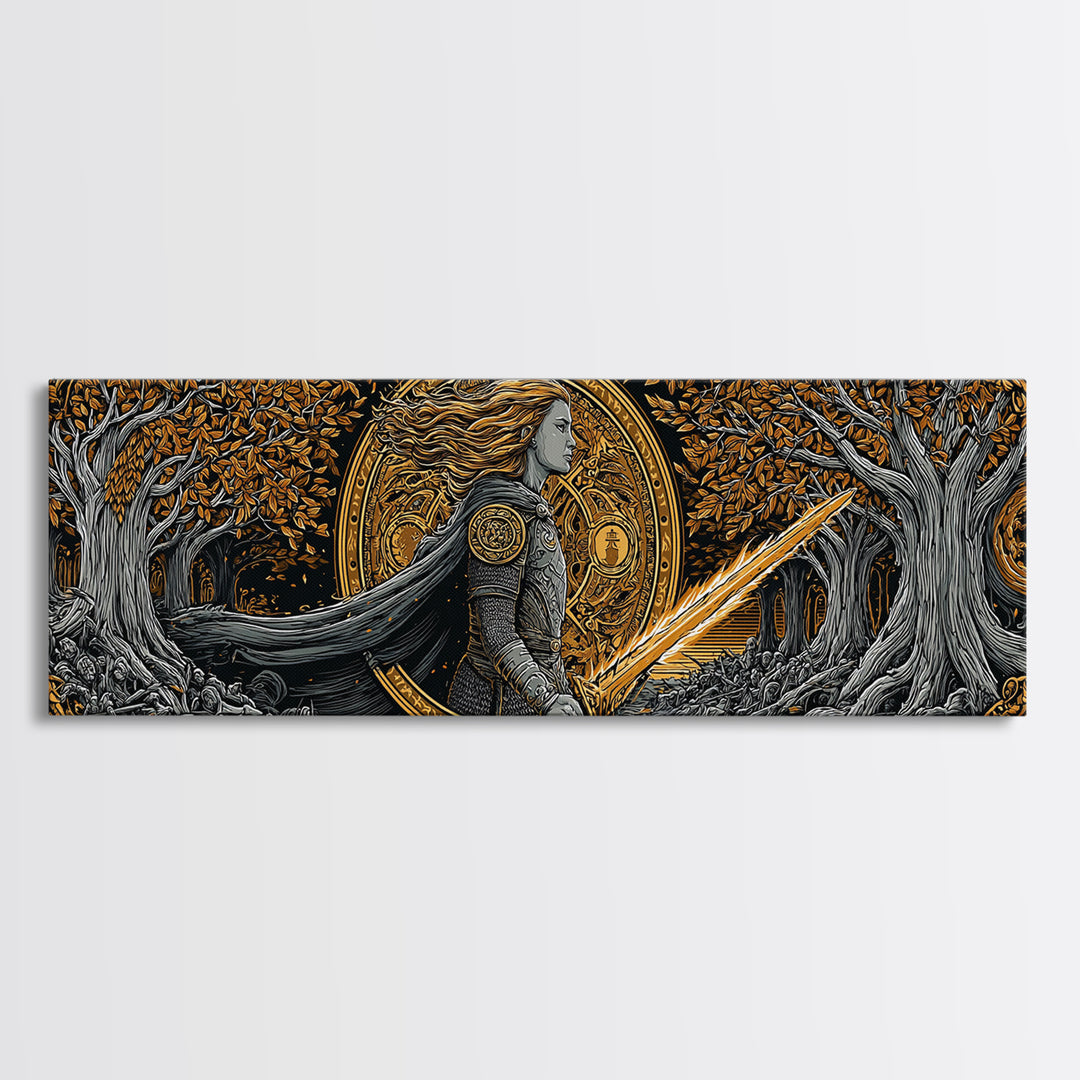 Hervor Nordic Warrior Goddess Canvas Gold Art, Mythology Inspired Canvas Art, Dad Gift or Office Art, Framed in Natural Wood