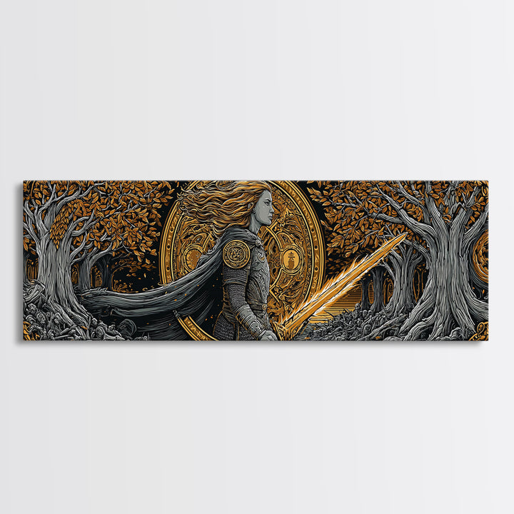 Hervor Nordic Warrior Goddess Canvas Gold Art, Mythology Inspired Canvas Art, Dad Gift or Office Art, Framed in Natural Wood