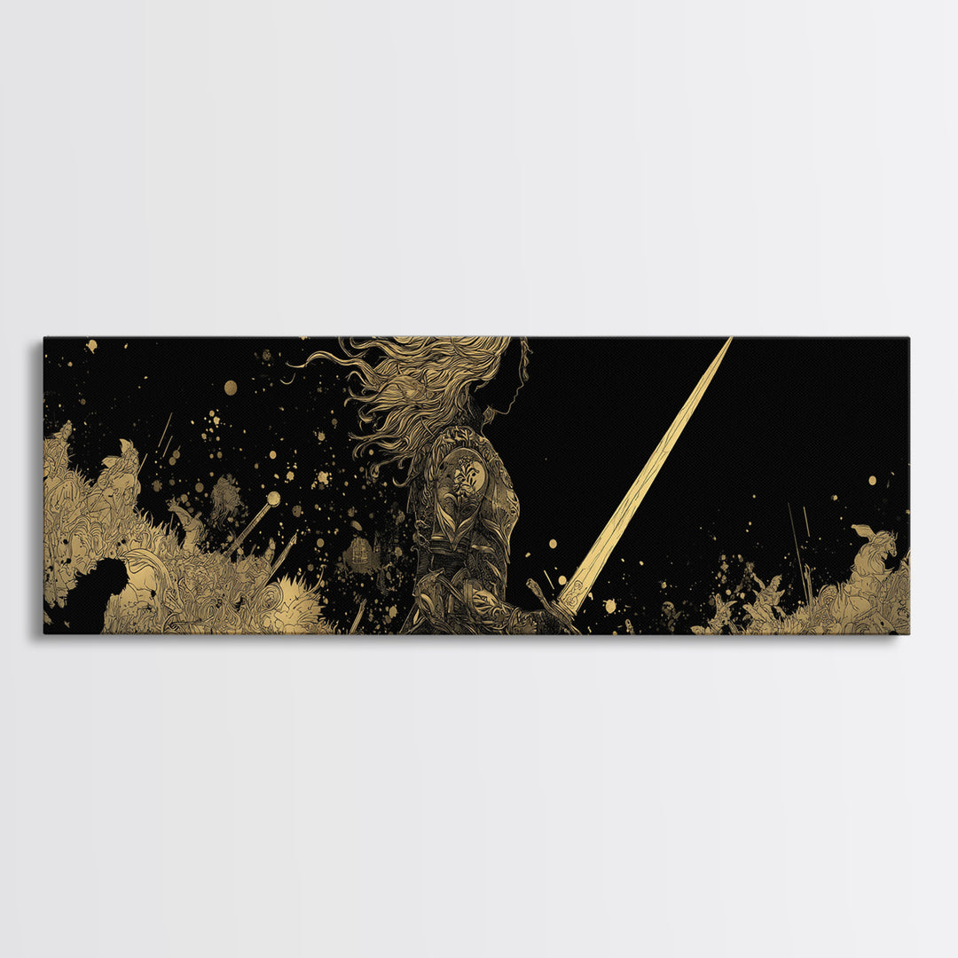 Hervor Warrior Canvas Gold Art, Viking Shieldmaiden Canvas Art, Nordic Mythology Office Decor, Natural Wood Frame Gift