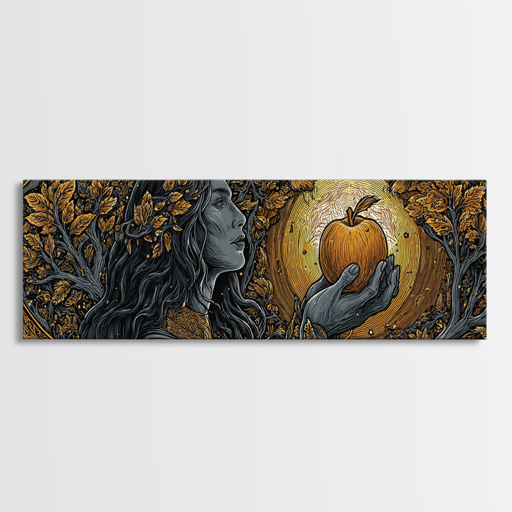 Idunn with Golden Apple Canvas Gold Art, Norse Mythology Goddess Canvas Art, Nordic Office Wall Decor, Real Wood Frame