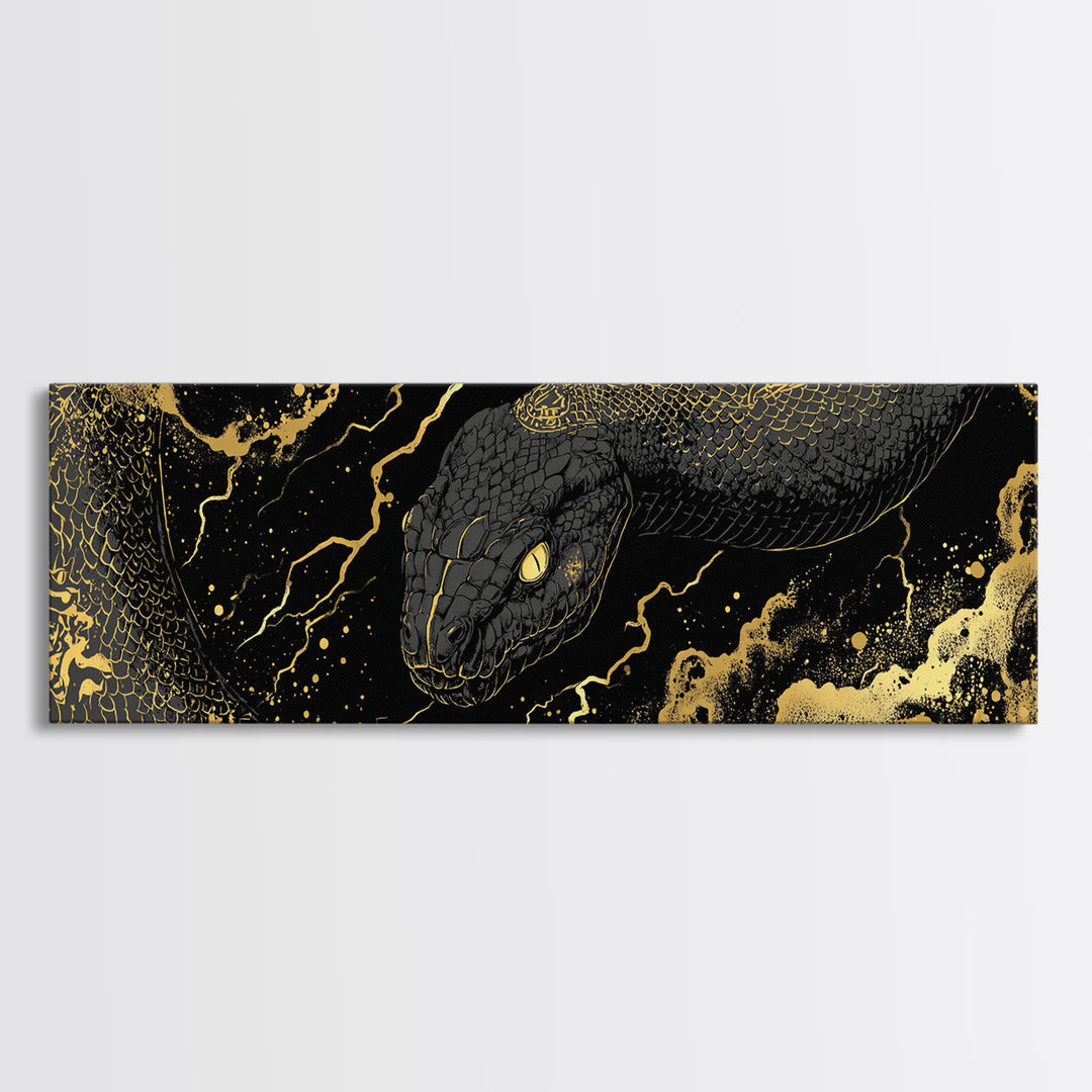 Jormungandr Serpent Canvas Gold Art, Norse Mythology Canvas Art, Viking Decor for Men’s Office or Man Cave, Real Wood Frame