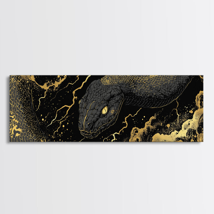 Jormungandr Serpent Canvas Gold Art, Norse Mythology Canvas Art, Viking Decor for Men’s Office or Man Cave, Real Wood Frame