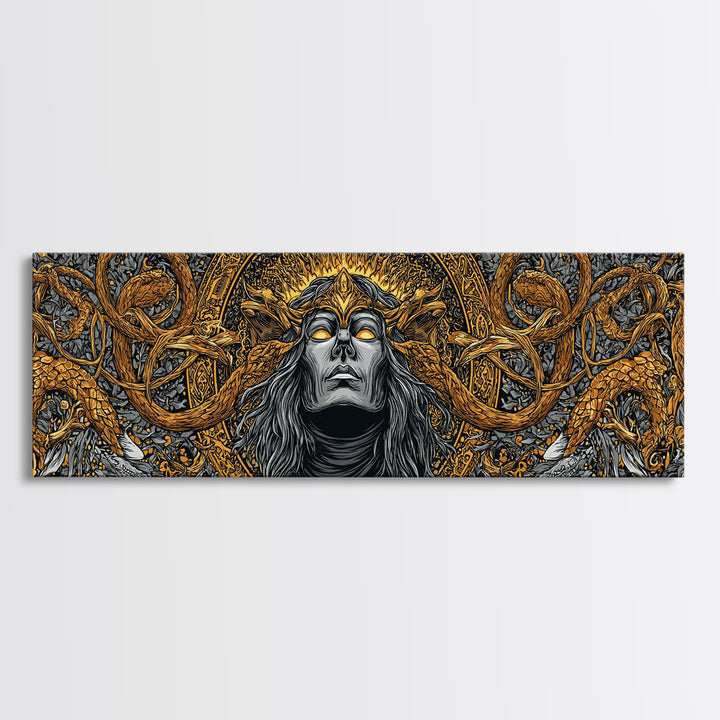 Norse Trickster Loki Canvas Art, Canvas Gold Art for Viking Lovers, Nordic Mythology Office or Dad Gift, Framed in Natural Wood
