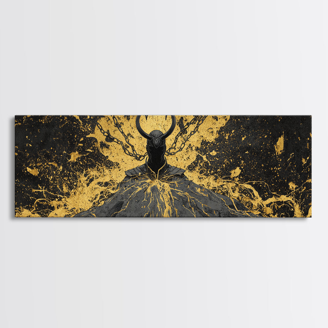 Loki God of Mischief Canvas Gold Art, Norse Mythology Canvas Art, Nordic Wall Decor for Man Cave or Office, Real Wood Frame