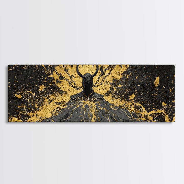 Loki God of Mischief Canvas Gold Art, Norse Mythology Canvas Art, Nordic Wall Decor for Man Cave or Office, Real Wood Frame