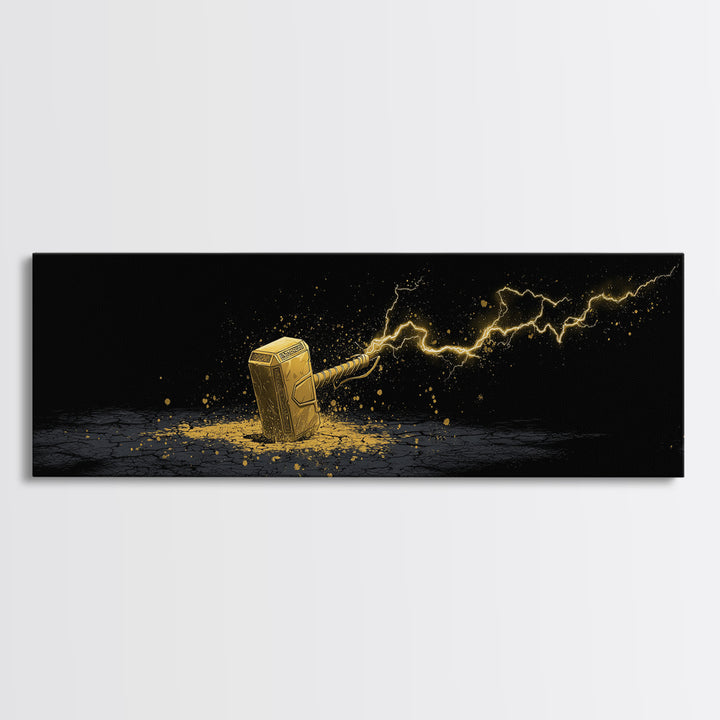 Canvas Gold Art Canvas Art – Thor’s Mjolnir with Lightning, Nordic Mythology Office Wall Art Dad Gift, natural wood framed