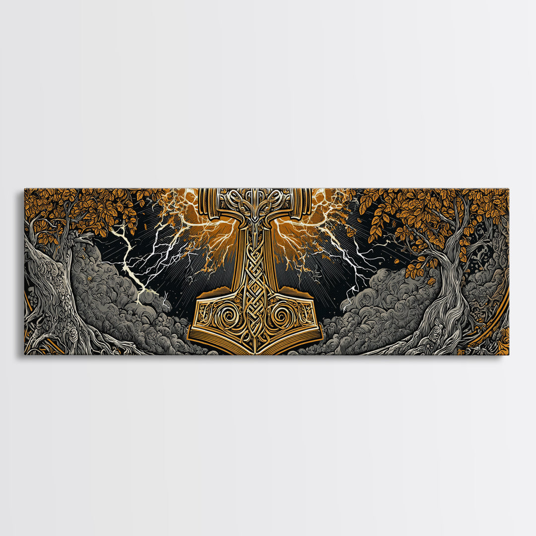 Mjolnir Canvas Gold Art Canvas Art – Thor’s Hammer Norse Mythology Wall Decor for Office or Man Cave, framed in real wood