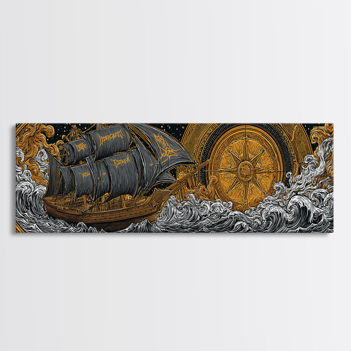 Nordic Naglfar Canvas Gold Art Canvas Art – Viking Ship at Sea, Norse Mythology Wall Decor Dad Gift, framed in genuine wood