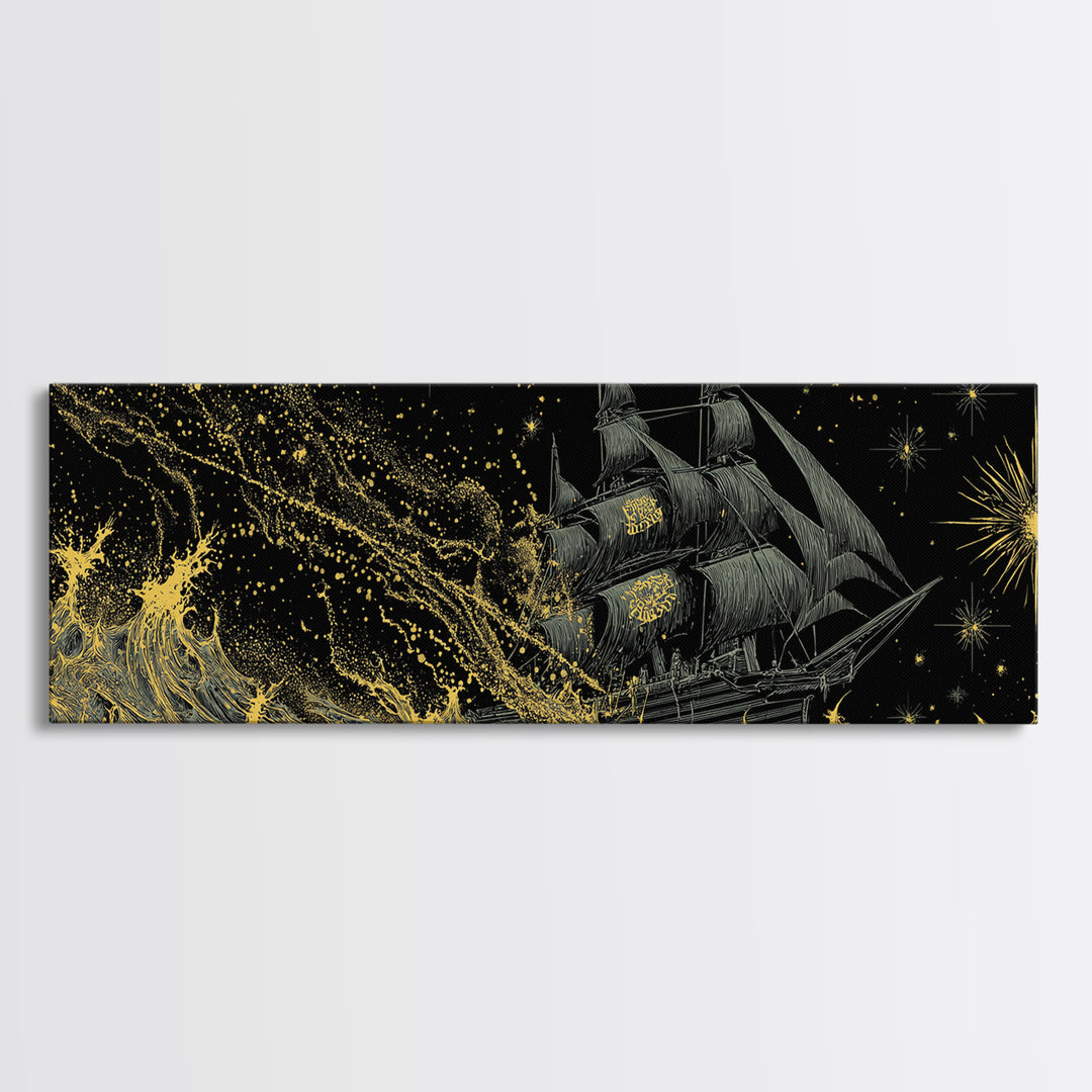 Naglfar Ship Canvas Art Canvas Gold Art – Viking Longship Norse Mythology Office Decor Man Cave Wall Hanging, real wood frame
