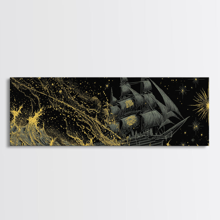 Naglfar Ship Canvas Art Canvas Gold Art – Viking Longship Norse Mythology Office Decor Man Cave Wall Hanging, real wood frame